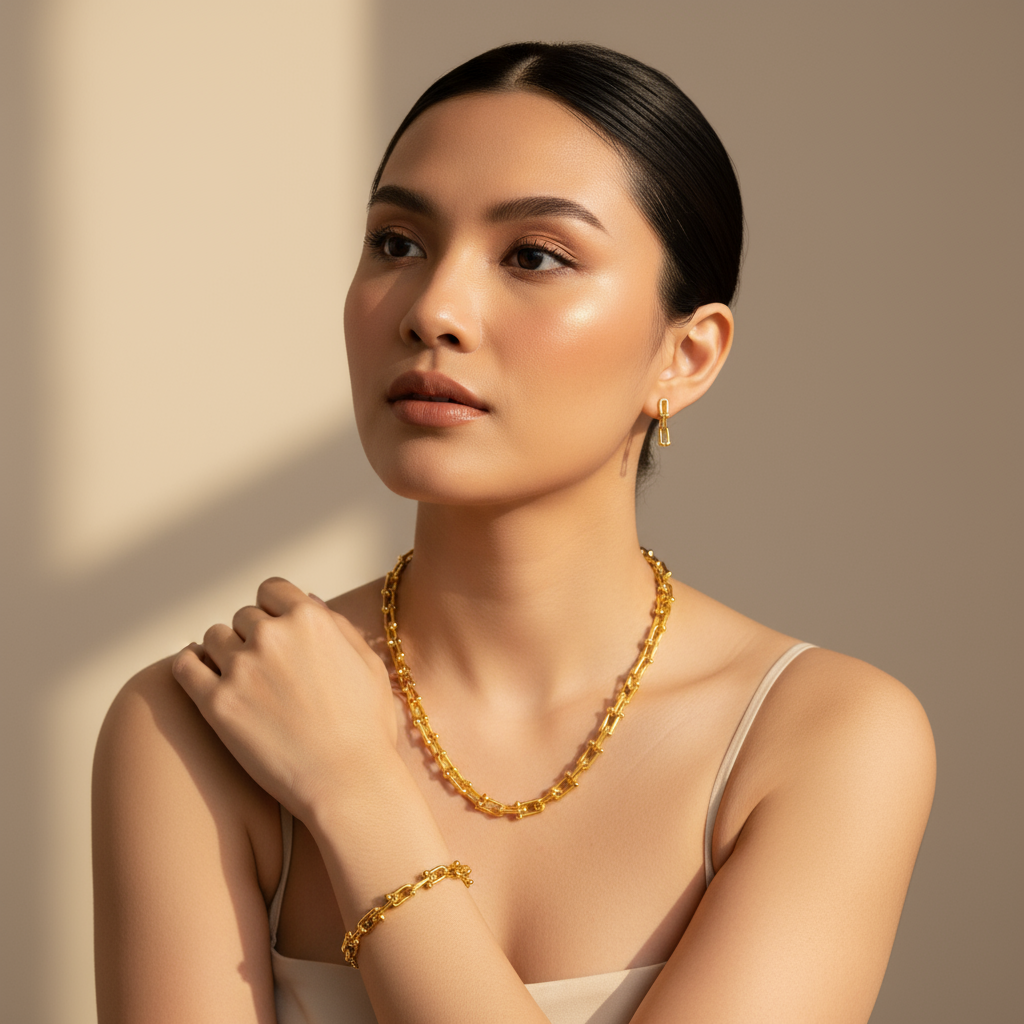 Filipina model wearing gold jewelry set