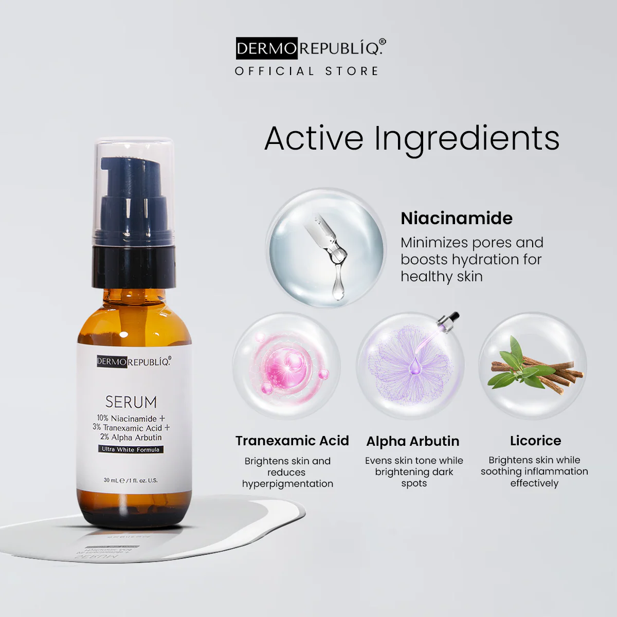 Dermorepubliq 10% Niacinamide + 3% Tranexamic Acid + 2% Alpha Arbutin Ultra White Serum - 30 mL